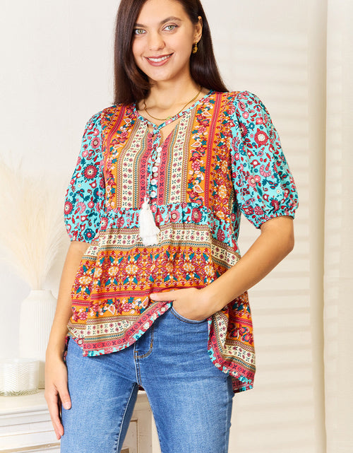 Load image into Gallery viewer, Devine Bohemian Tassel Tie Puff Sleeve Babydoll Blouse
