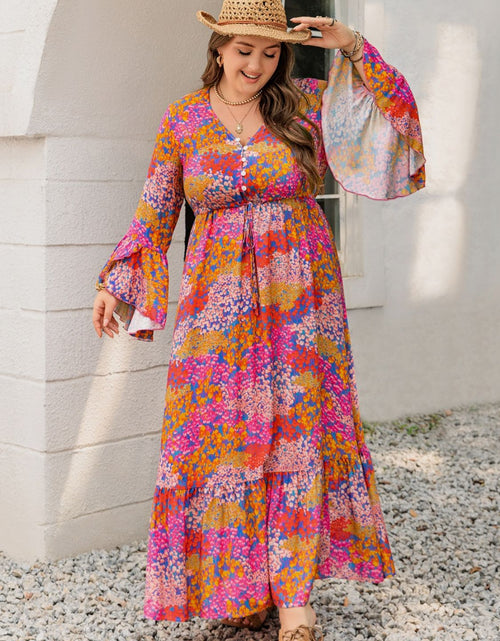 Load image into Gallery viewer, Plus Size Printed V-Neck Long Sleeve Maxi Dress
