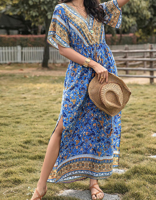 Load image into Gallery viewer, Slit Printed V-Neck Half Sleeve Maxi Dress
