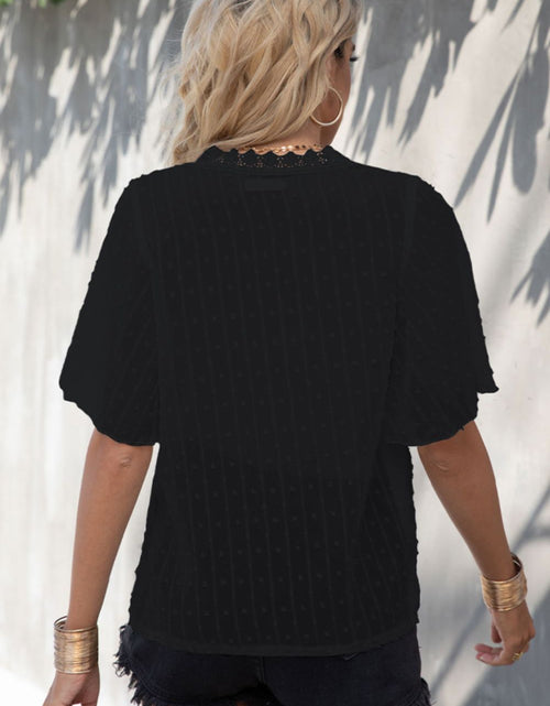Load image into Gallery viewer, Shiny Swiss Dot Lace Trim Flutter Sleeve V-Neck Blouse
