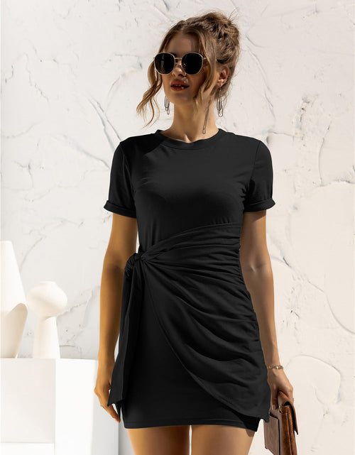 Load image into Gallery viewer, Round Neck Cuffed Sleeve Side Tie Dress
