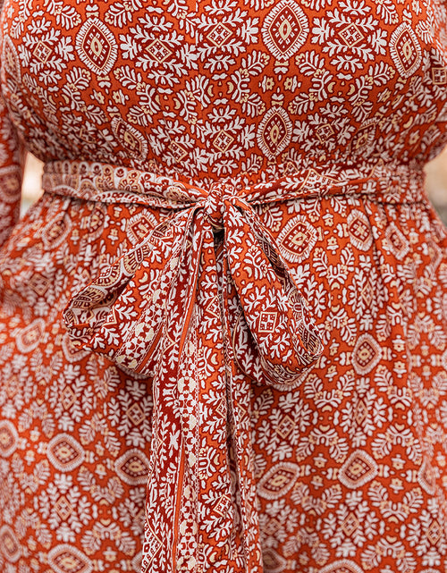 Load image into Gallery viewer, Plus Size Printed V-Neck Tie Front Balloon Sleeve Jumpsuit
