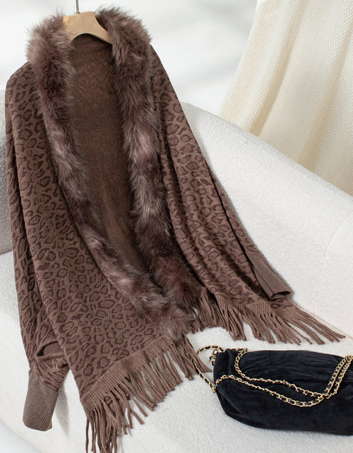 Load image into Gallery viewer, Fringe Leopard Open Front Long Sleeve Poncho
