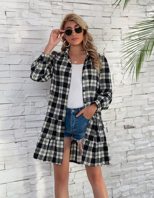 Load image into Gallery viewer, Ruffle Hem Plaid Button Down Long Sleeve Dress
