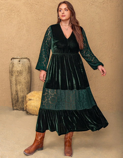 Load image into Gallery viewer, Plus Size Lace Patchwork V-Neck Balloon Sleeve Midi Dress
