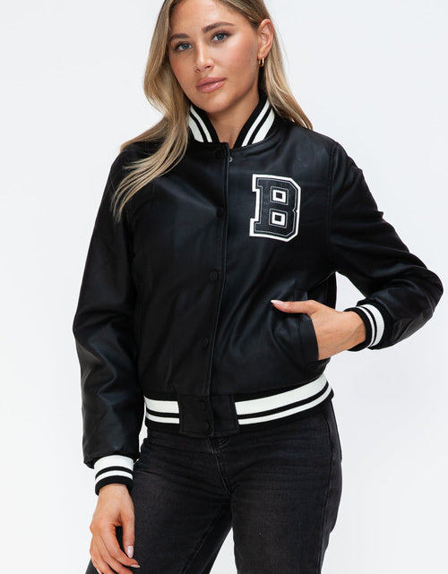 Load image into Gallery viewer, Love Me Now PU Leather Contrast Snap Down Bomber Jacket
