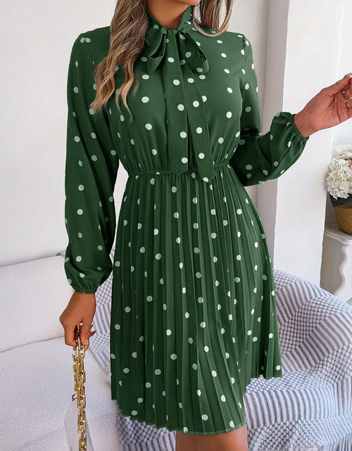 Load image into Gallery viewer, Polka Dot Tie Neck Pleated Dress
