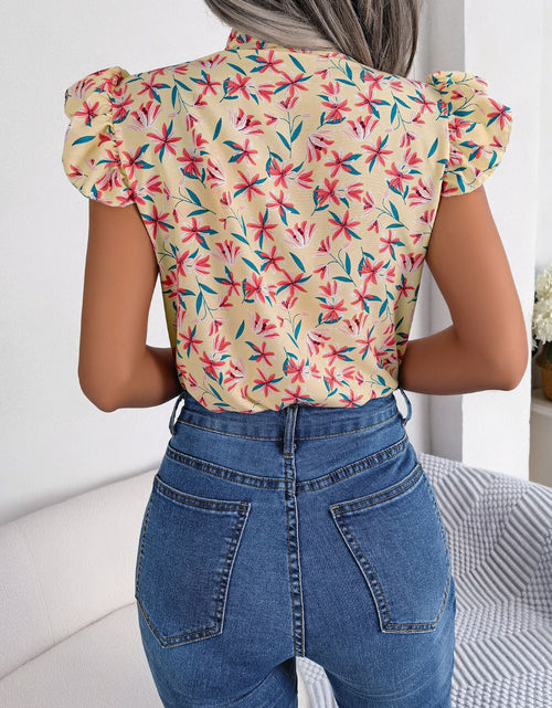 Load image into Gallery viewer, Floral Tie Neck Flutter Sleeve Blouse
