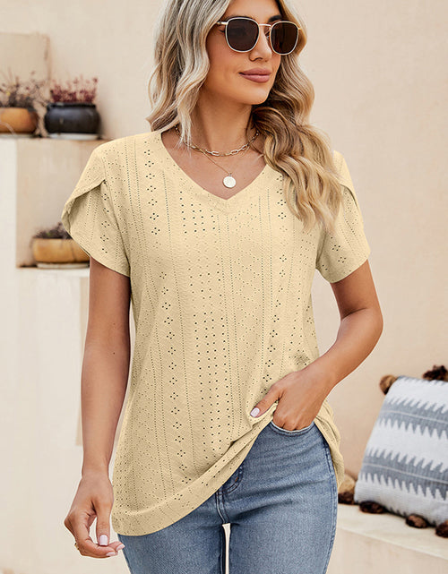 Load image into Gallery viewer, Eyelet V-Neck Petal Sleeve T-Shirt
