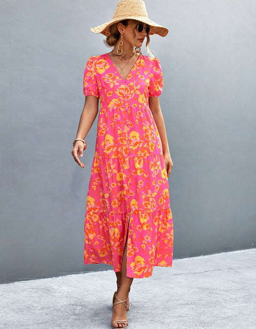 Load image into Gallery viewer, V-Neck Short Sleeve High Slit Midi Dress
