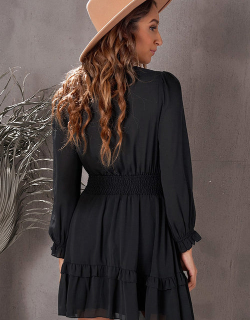 Load image into Gallery viewer, Tied Plunge Smocked Waist Flounce Sleeve Dress
