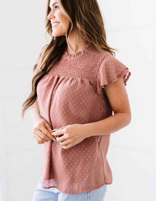 Load image into Gallery viewer, Polka Dot Smocked Flutter Sleeve Blouse
