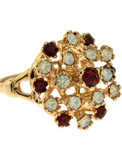 Load image into Gallery viewer, Vintage Ring Ruby Austrian Crystals and Pinfire Opals 18k White Gold Electroplate Made in the USA by PVD Vintage Jewelry
