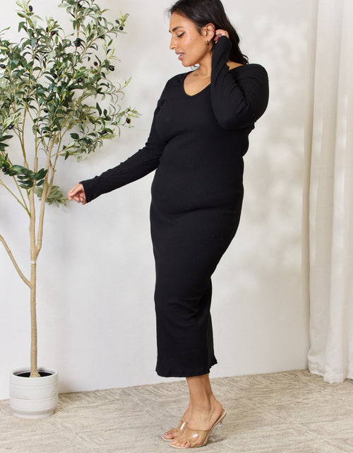 Load image into Gallery viewer, Culture Code Full Size Ribbed Long Sleeve Midi Slit Dress
