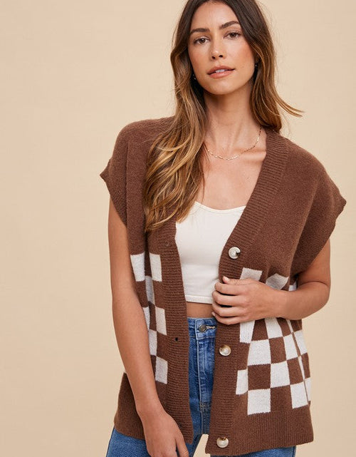 Load image into Gallery viewer, Annie Wear Checkered Button Down Short Sleeve Cardigan
