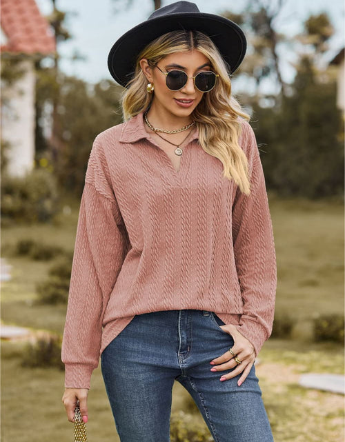 Load image into Gallery viewer, Collared Neck Cable-Knit Long Sleeve Blouse
