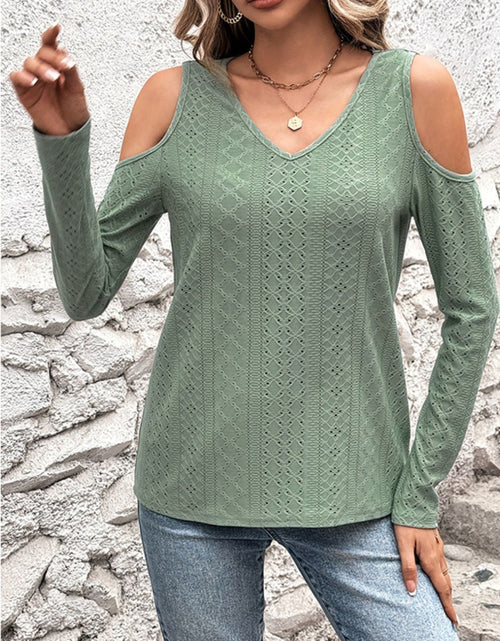 Load image into Gallery viewer, Full Size Eyelet V-Neck Cold Shoulder T-Shirt
