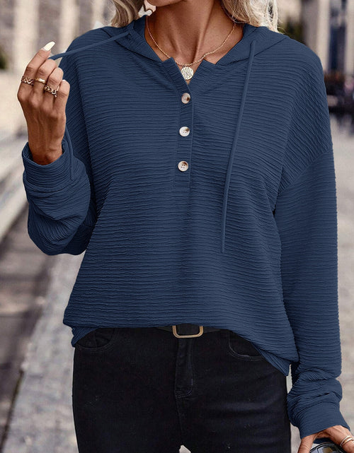 Load image into Gallery viewer, Drawstring Quarter Button Long Sleeve Hoodie
