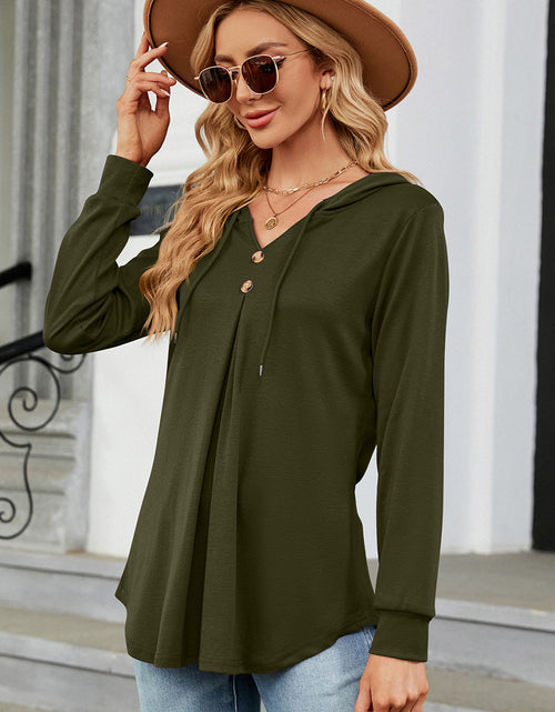 Load image into Gallery viewer, Decorative Button Drawstring Long Sleeve Hoodie
