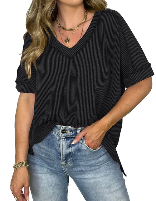 Load image into Gallery viewer, Cord Ribbed V-Neck Short Sleeve T-Shirt
