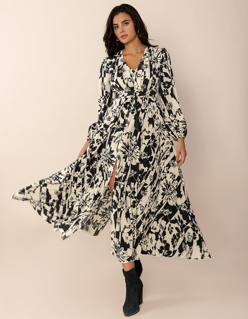 Load image into Gallery viewer, Tied Printed V-Neck Long Sleeve Midi Dress
