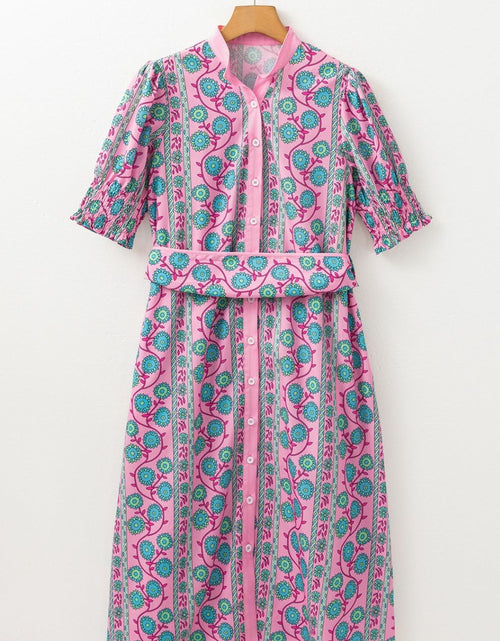 Load image into Gallery viewer, Printed Shirred Sleeve Buttoned Front Midi Dress with Sash
