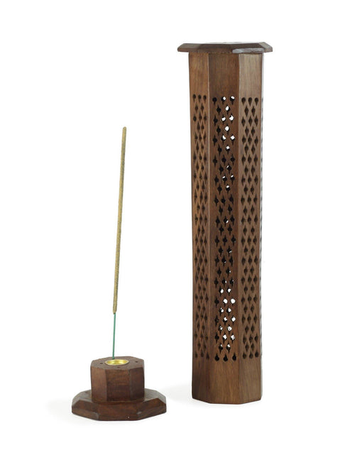 Load image into Gallery viewer, Wooden Decorative Handcarved Tower Incense Burner -12" by OMSutra
