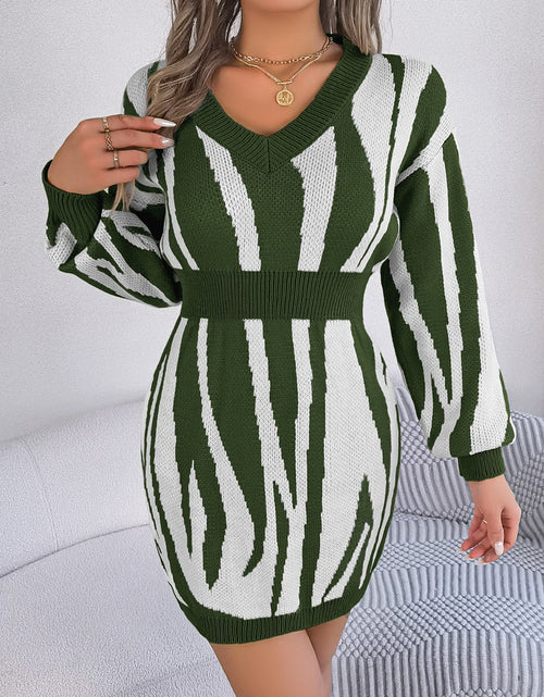 Load image into Gallery viewer, Animal Print V-Neck Long Sleeve Sweater Dress
