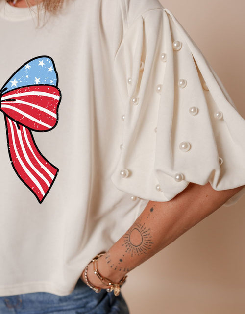 Load image into Gallery viewer, Bowknot Graphic Pearl Puff Half Sleeve T Shirt

