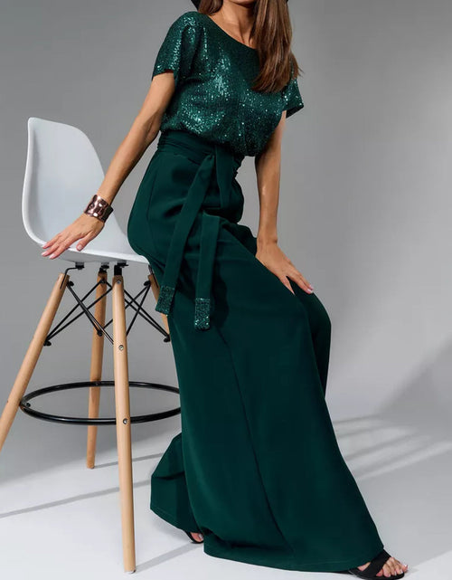 Load image into Gallery viewer, Full Size Sequin Round Neck Short Sleeve Wide Leg Jumpsuit
