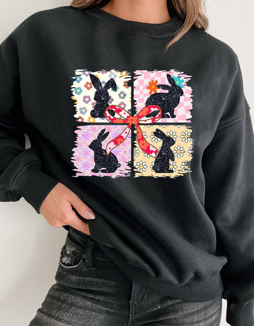 Load image into Gallery viewer, Floral Bunny Plaid Bow Graphic Easter Sweatshirt
