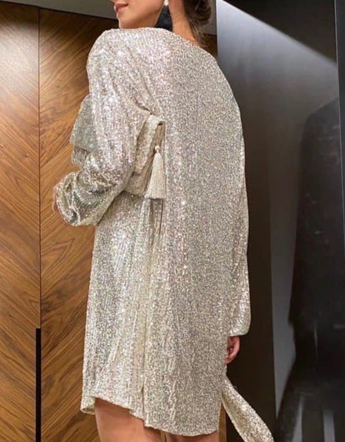 Load image into Gallery viewer, Sequin Tie Waist Long Sleeve Mini Dress
