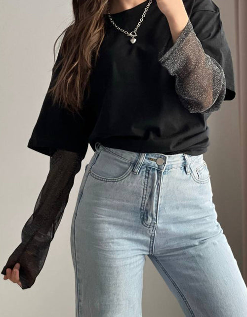 Load image into Gallery viewer, Faux Layered Round Neck Mesh Sleeve Top
