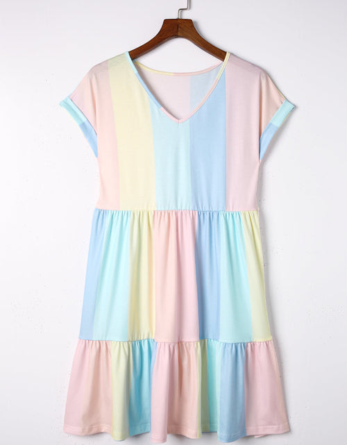 Load image into Gallery viewer, Color Block V-Neck Short Sleeve Mini Dress
