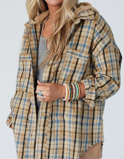Load image into Gallery viewer, Drawstring Waffle Knit Patchwork Hooded Plaid Shacket
