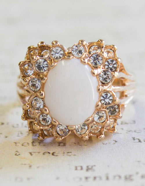 Load image into Gallery viewer, Vintage Emerald Green Crystal Cabochon Stone &amp; Clear Crystal Ring in 18kt Yellow Gold Electroplate by PVD Vintage Jewelry
