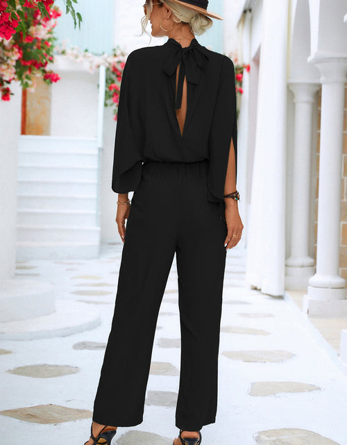 Load image into Gallery viewer, Tie Back Mock Neck Split Sleeve Jumpsuit
