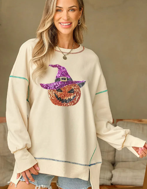 Load image into Gallery viewer, Contrast Stitching Sequin Pumpkin Round Neck Long Sleeve Sweatshirt
