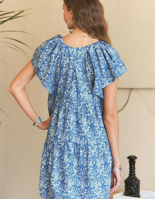 Load image into Gallery viewer, ADORA Printed V-Neck Ruffle Sleeve Mini Dress
