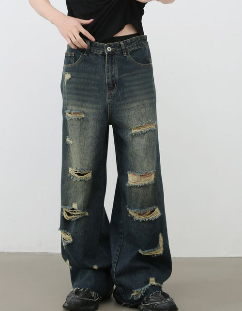 Load image into Gallery viewer, Men's Frayed Hem Distressed Wide Leg Jeans
