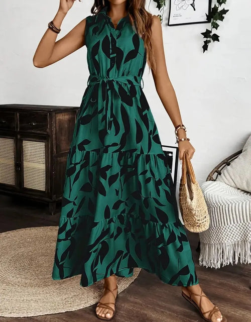 Load image into Gallery viewer, Printed Tie Waist Sleeveless Maxi Dress

