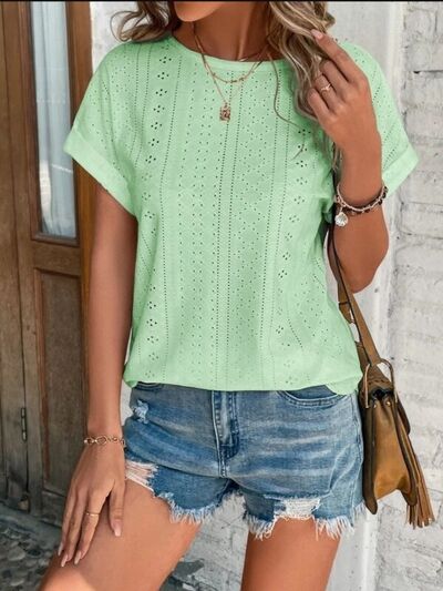 Load image into Gallery viewer, Eyelet Round Neck Short Sleeve T-Shirt
