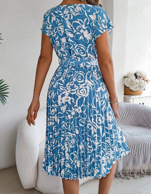Load image into Gallery viewer, Tied Pleated Printed Short Sleeve Dress
