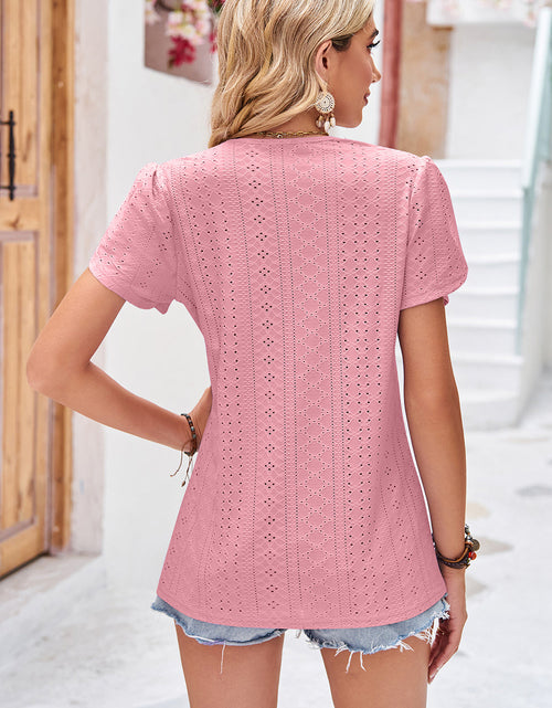 Load image into Gallery viewer, Eyelet V-Neck Petal Sleeve T-Shirt
