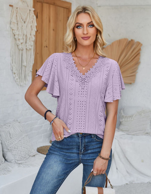 Load image into Gallery viewer, Eyelet Applique V-Neck Cap Sleeve T-Shirt
