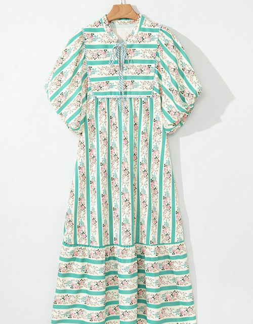 Load image into Gallery viewer, Striped Floral Print Tie Neck Puff Sleeve Midi Dress
