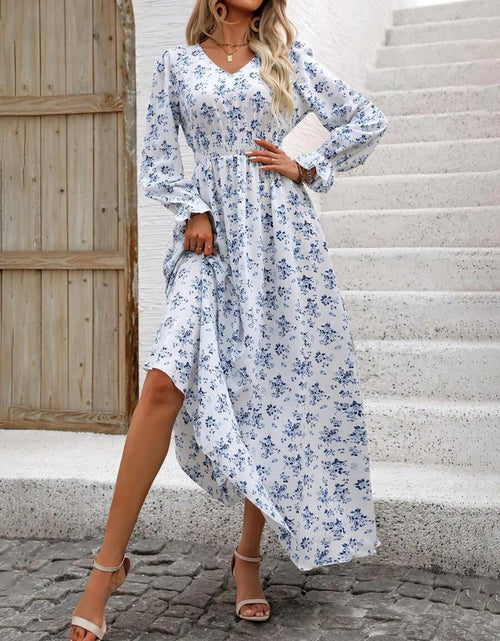 Load image into Gallery viewer, Smocked Printed V-Neck Flounce Sleeve Dress
