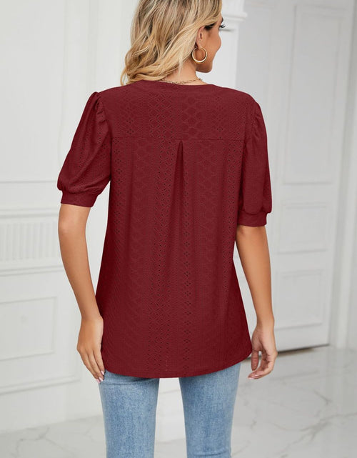 Load image into Gallery viewer, Eyelet Short Puff Sleeve Notched Neck Top
