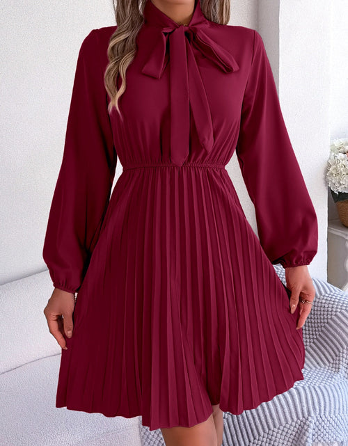 Load image into Gallery viewer, Tie Neck Balloon Sleeve Pleated Dress
