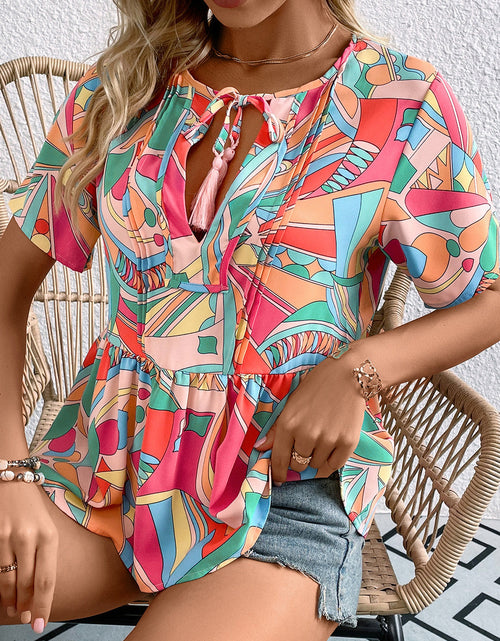 Load image into Gallery viewer, Printed Tie Neck Short Sleeve Blouse
